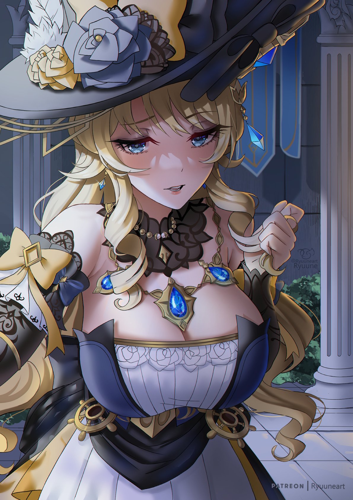 1girl bare_shoulders black_headwear black_pants black_shirt blonde_hair blue_eyes breasts cleavage column commentary cowboy_shot genshin_impact hand_in_own_hair hat highres jewelry large_breasts lips long_hair looking_at_viewer navia_(genshin_impact) necklace night open_mouth outdoors pants pillar ryuuneart shirt sleeveless sleeveless_shirt solo standing variant_set very_long_hair