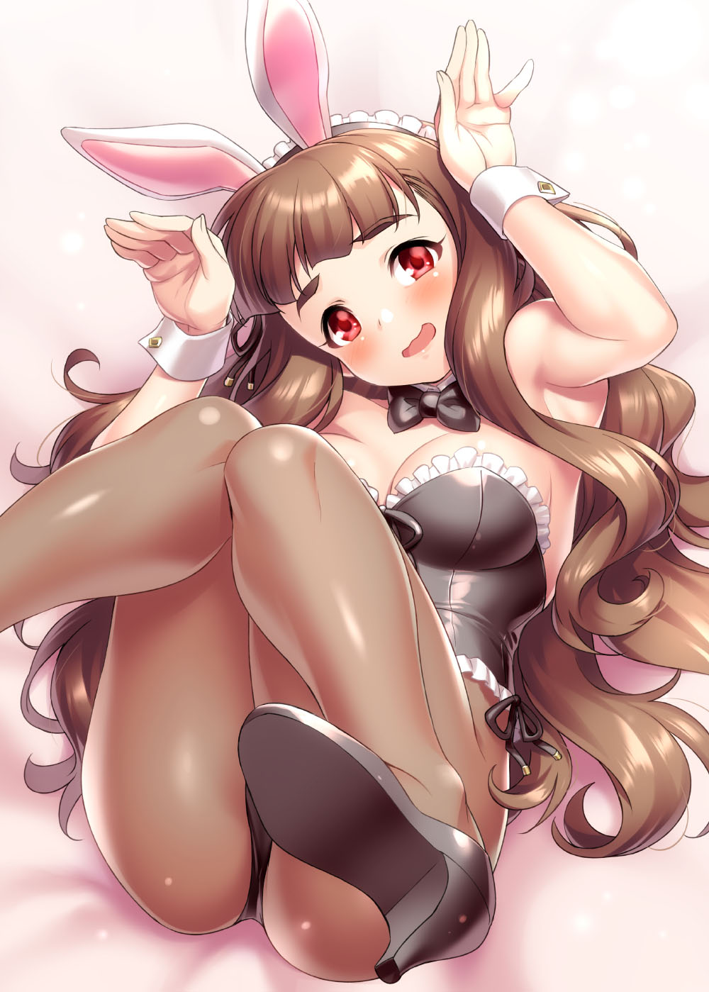 1girl animal_ears armpits ass bangs bare_shoulders black_footwear black_leotard blunt_bangs blush breasts brown_hair brown_legwear bunny_ears bunny_pose bunnysuit cleavage commentary_request eyebrows frills hands_up high_heels highres idolmaster idolmaster_cinderella_girls kamiya_nao legs legs_up leotard long_hair looking_at_viewer maid_headdress medium_breasts open_mouth pantyhose red_eyes smile solo thick_eyebrows wavy_hair wavy_mouth wrist_cuffs zen