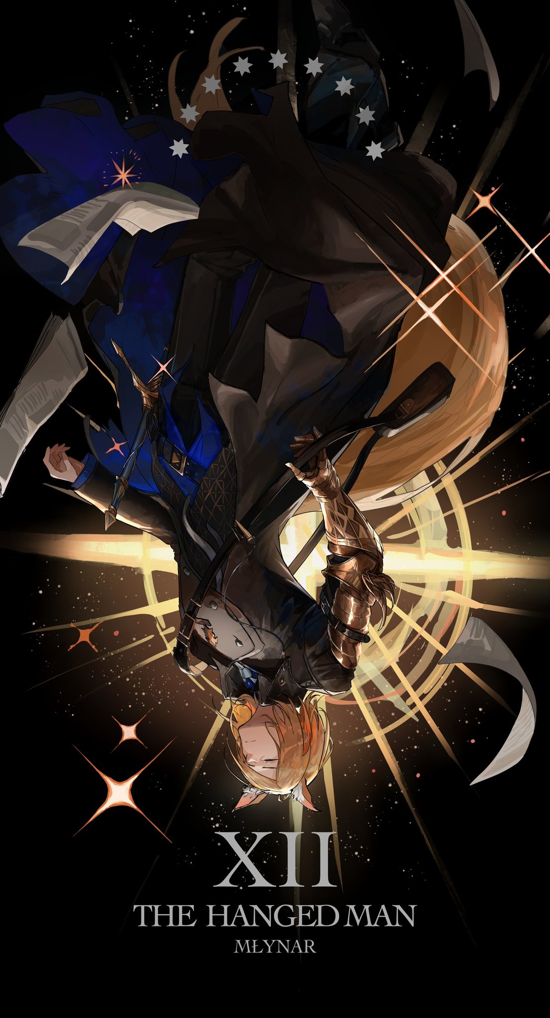 1boy animal_ear_fluff animal_ears arknights arms_at_sides bag black_background black_coat black_pants black_suit blonde_hair character_name closed_eyes coat commentary english_commentary english_text formal gauntlets halo highres horse_boy horse_ears horse_tail kasumi_yuzuha male_focus mlynar_(arknights) newspaper pants sheath sheathed short_hair simple_background single_gauntlet solo sparkle suit sword tail tarot upside-down weapon