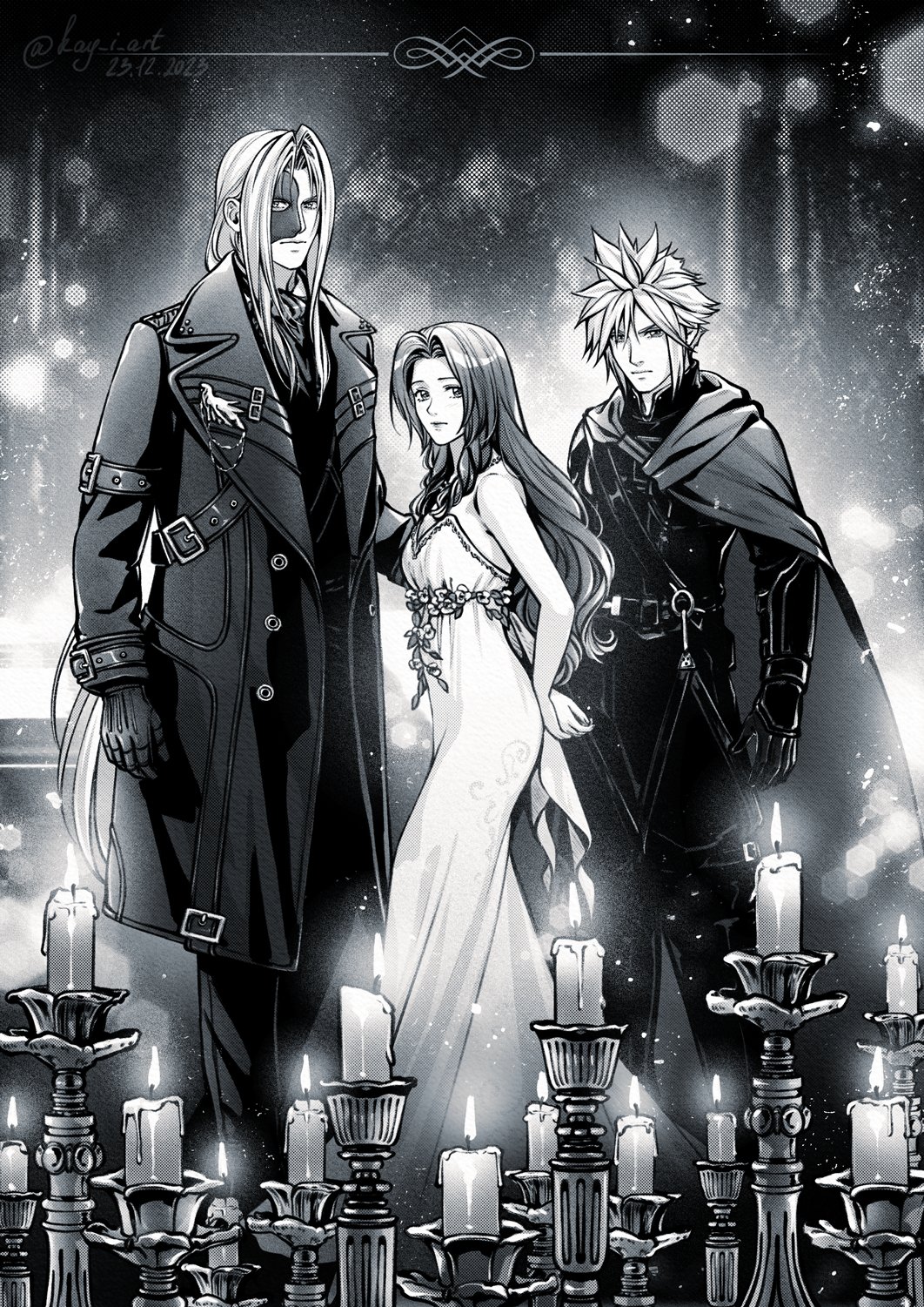 1girl 2boys aerith_gainsborough arm_around_back armor arms_behind_back back_bow black_armor black_coat black_gloves bow breasts candle christine_daae christine_daae_(cosplay) cloak closed_mouth cloud_strife coat cosplay dress dress_flower erik_(phantom_of_the_opera) erik_(phantom_of_the_opera)_(cosplay) eye_mask feet_out_of_frame final_fantasy final_fantasy_vii final_fantasy_vii_rebirth final_fantasy_vii_remake gloves greyscale hair_between_eyes highres kay-i long_bangs long_coat long_dress long_hair looking_at_viewer mask_over_one_eye medium_breasts monochrome multiple_boys official_alternate_costume parted_bangs phantom_of_the_opera raoul_de_chagny raoul_de_chagny_(cosplay) sephiroth short_hair sidelocks spiked_hair strapless strapless_dress wavy_hair white_dress