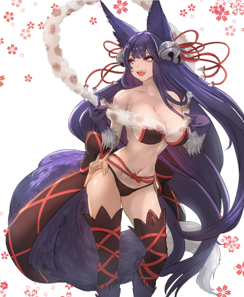 1girl animal_ears bell bikini black_bikini black_hair black_thighhighs body_fur breasts cleavage collarbone commentary double_fox_shadow_puppet english_commentary erune fang floral_background fox_ears fox_girl fox_shadow_puppet fox_tail gloves granblue_fantasy hair_bell hair_ornament highres jingle_bell kuyabudz large_breasts long_hair looking_to_the_side navel open_mouth red_eyes smile solo stomach swimsuit tail thighhighs very_long_hair white_background yuel_(granblue_fantasy)