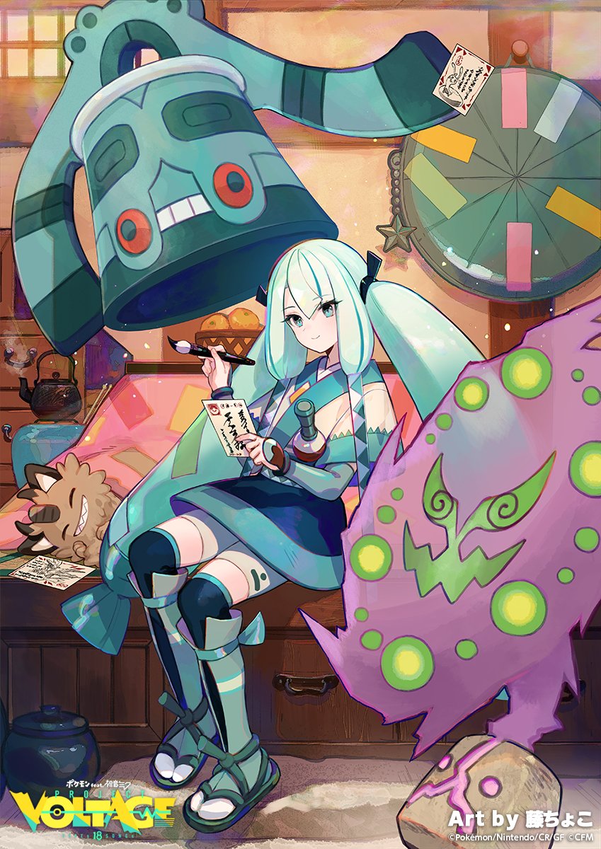 1girl artist_name blue_eyes blue_hair blue_sleeves bronzong closed_eyes copyright_name detached_sleeves galarian_meowth hatsune_miku highres holding holding_calligraphy_brush holding_paper indoors japanese_clothes logo long_hair official_alternate_costume official_art paper pokemon pokemon_(creature) project_voltage sandals second-party_source sitting spiritomb steel_miku_(project_voltage) twintails very_long_hair vocaloid water