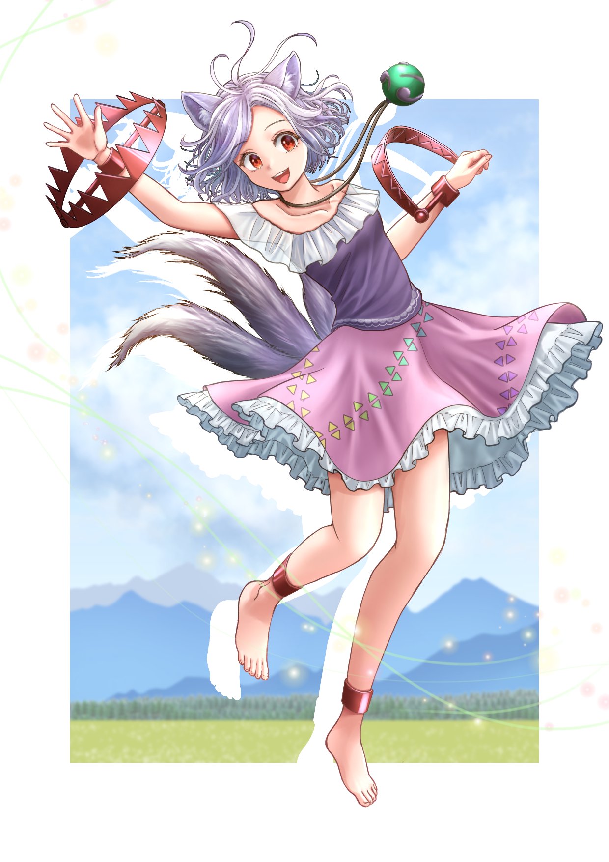 1girl animal_ears barefoot bear_trap breasts commentary_request dog_ears dog_girl dog_tail frills full_body highres jewelry kyabekko legs mitsugashira_enoko multiple_tails necklace off-shoulder_shirt off_shoulder open_mouth petticoat pink_skirt purple_hair purple_shirt red_eyes shirt short_hair skirt sleeveless sleeveless_shirt small_breasts smile solo tail toenails toes touhou