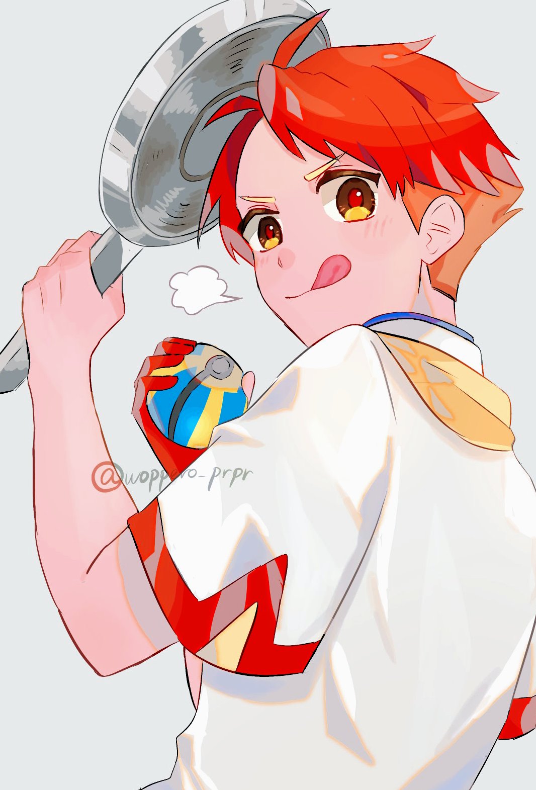 1boy :q brown_eyes commentary_request crispin_(pokemon) frying_pan highres holding holding_pan holding_poke_ball looking_back male_focus poke_ball pokemon pokemon_sv quick_ball red_hair red_pupils shirt short_hair simple_background solo tongue tongue_out upper_body white_background white_shirt woppero_prpr
