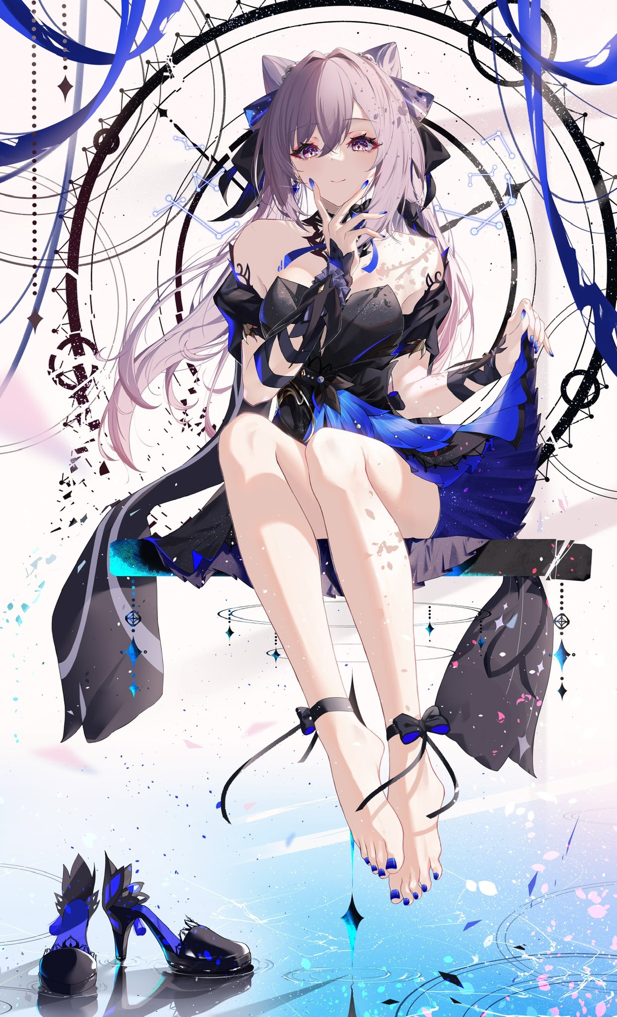 1girl ankle_bow ankle_ribbon bare_legs bare_shoulders barefoot black_ribbon blue_dress blue_nails blush bow breasts closed_mouth commentary cone_hair_bun double-parted_bangs dress eyelashes eyeliner feet full_body genshin_impact grey_hair hair_between_eyes hair_bun hair_intakes hair_ornament hair_ribbon hand_up hands_up high_heels highres keqing_(genshin_impact) leg_ribbon legs legs_together long_hair looking_at_viewer makeup medium_breasts nail_polish off-shoulder_dress off_shoulder pleated_dress puffy_short_sleeves puffy_sleeves purple_eyes purple_hair ribbon rinne_(ren_rene_000) shadow shoes short_dress short_sleeves sitting skirt_hold smile solo symbol-only_commentary toenail_polish toenails toes twintails unworn_shoes