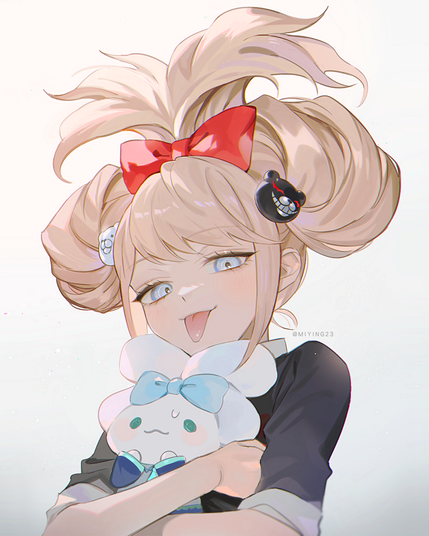 1girl alternate_hairstyle bear_hair_ornament black_shirt blonde_hair bow danganronpa:_trigger_happy_havoc danganronpa_(series) doll enoshima_junko hair_bow hair_ornament holding holding_doll hugging_doll hugging_object looking_at_viewer miying_(ho_ru03_15) red_bow shirt simple_background smile solo tongue tongue_out upper_body white_background