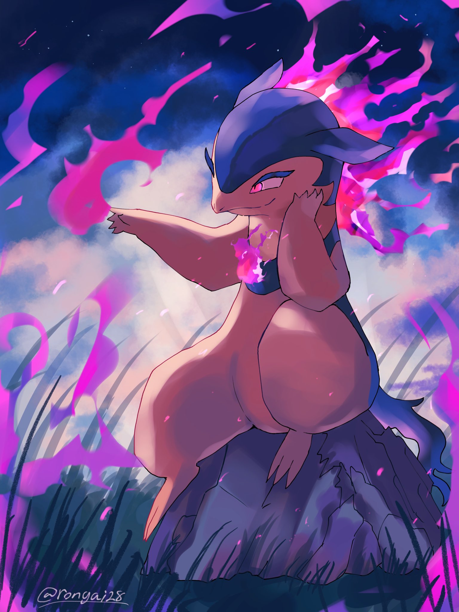 animal_focus artist_name aura closed_mouth commentary_request fire grass highres hisuian_typhlosion night night_sky no_humans on_rock pink_fire pokemon pokemon_(creature) rongai28 sitting sky smile twitter_username