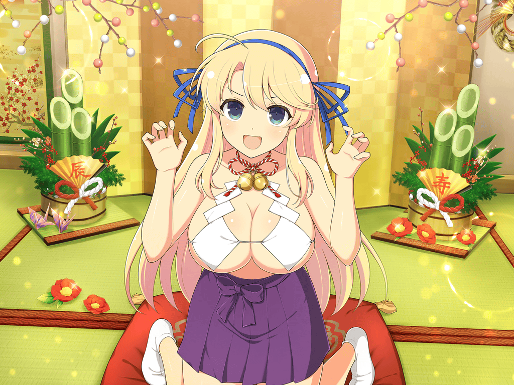 1girl 2024 ahoge ankle_socks bamboo_shoot bell blonde_hair blue_eyes blue_ribbon branch breast_curtains breasts cleavage decorations flower folding_screen groping_motion hair_ribbon hand_fan hands_up hanging_scroll katsuragi_(senran_kagura) kneeling large_breasts long_hair looking_at_viewer neck_bell new_year non-web_source official_art open_mouth origami paper_crane plant purple_skirt red_flower ribbon scroll senran_kagura senran_kagura_new_link skirt socks sparkle tatami