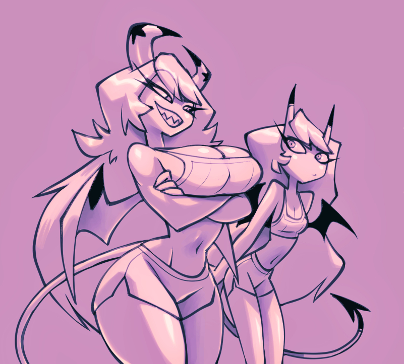 2023 2_horns arm_under_breasts bat_wings big_breasts bigdad bottomwear breast_envy breasts cleavage clothed clothing crop_top crossed_arms curvy_figure demon demon_humanoid duo eyelashes female hair helluva_boss horn horned_humanoid hourglass_figure humanoid kiki_(helluva_boss) long_hair long_tail membrane_(anatomy) membranous_wings monochrome navel sharp_teeth shirt shorts skimpy small_waist smile smug spade_tail succubus tail teeth thick_thighs topwear verosika_mayday_(helluva_boss) voluptuous wide_hips wings