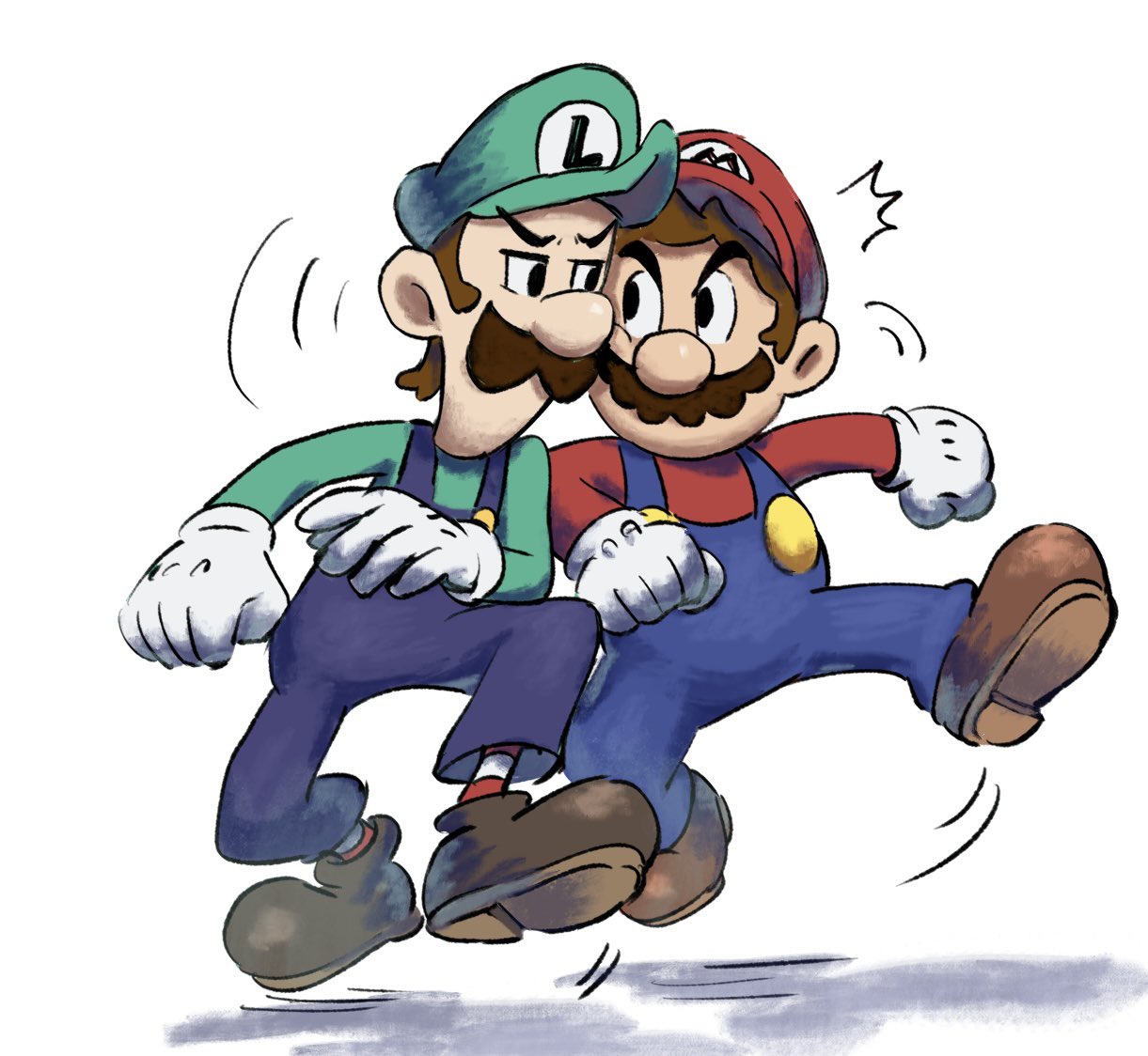 2boys blue_overalls boots brothers brown_footwear brown_hair facial_hair full_body gloves green_headwear green_shirt looking_at_another luigi mari_luijiroh mario mario_&amp;_luigi_rpg mario_(series) masanori_sato_(style) multiple_boys mustache overalls red_headwear red_shirt red_socks shadow shirt short_hair siblings simple_background socks striped striped_socks two-tone_socks white_background white_gloves white_socks