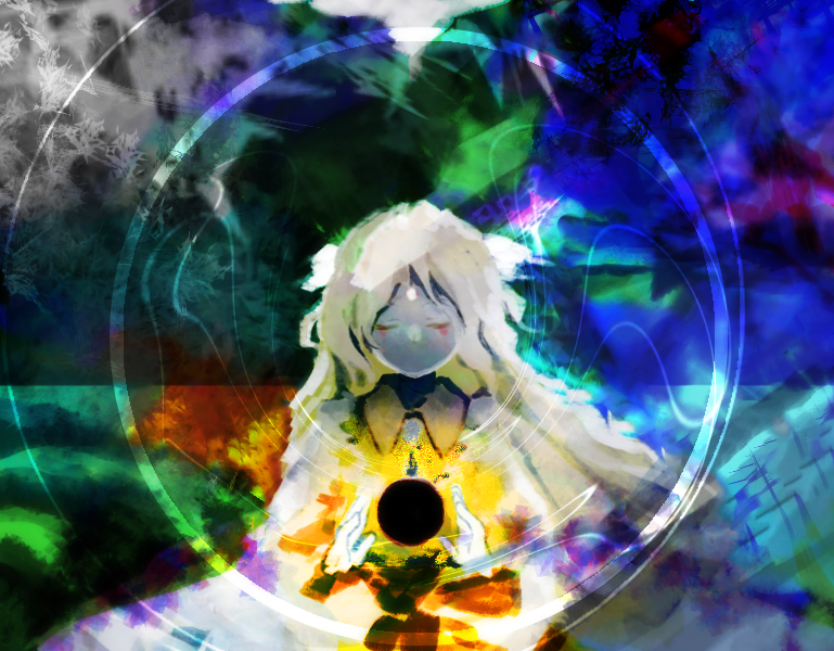 1girl blonde_hair blood blood_from_eyes closed_eyes collared_shirt colored_skin commentary_request facial_mark facing_viewer forehead_mark grey_skin hair_ribbon hands_up kaigen_1025 kikuri_(touhou) long_hair no_mouth orb ribbon shirt touhou touhou_(pc-98) white_ribbon white_shirt