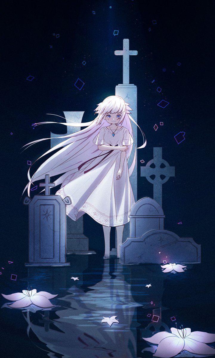 1girl black_ribbon blue_eyes commentary_request cross dress ender_lilies_quietus_of_the_knights flower full_body highres jewelry lily_(ender_lilies) long_hair looking_down lotus necklace pendant reflection ribbon saltedfish-lle solo tombstone very_long_hair water white_dress white_flower white_hair