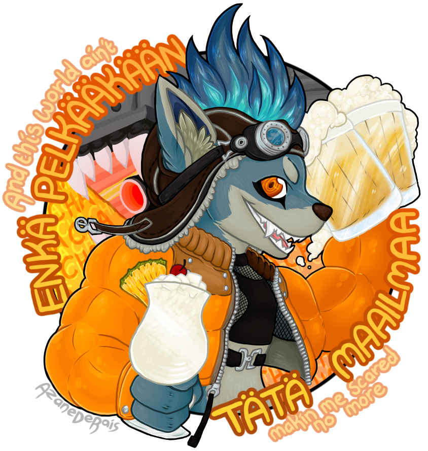 alcohol alpha_channel anthro azanederais beer beer_mug beverage blue_body blue_fur blue_hair brewster_(dislyte) canid canine canis cherry circle_background clothing dislyte domestic_dog english_text eyewear eyewear_on_head finnish_text fishnet food fruit fur goggles goggles_on_head hair headgear holding_beverage holding_object jacket looking_at_viewer lyrics male mammal midriff mug orange_clothing orange_eyes orange_jacket orange_topwear pina_colada pineapple pink_tongue plant sharp_teeth simple_background solo teeth text tongue topwear translated transparent_background