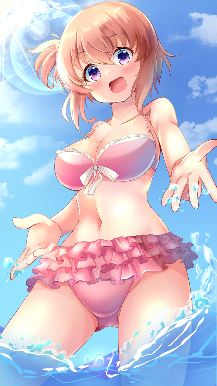 1girl :d alternate_costume aru_(arudes) ass_visible_through_thighs bare_arms bikini blue_sky blush breasts cleavage collarbone commentary cowboy_shot curvy day eyes_visible_through_hair frilled_bikini frills from_below front-tie_bikini_top front-tie_top gochuumon_wa_usagi_desu_ka? hair_between_eyes halterneck happy highres hoto_cocoa large_breasts looking_at_viewer looking_down navel one_side_up open_hands open_mouth orange_hair outdoors pink_bikini purple_eyes short_hair sky smile solo splashing standing sunlight swimsuit wading water water_drop