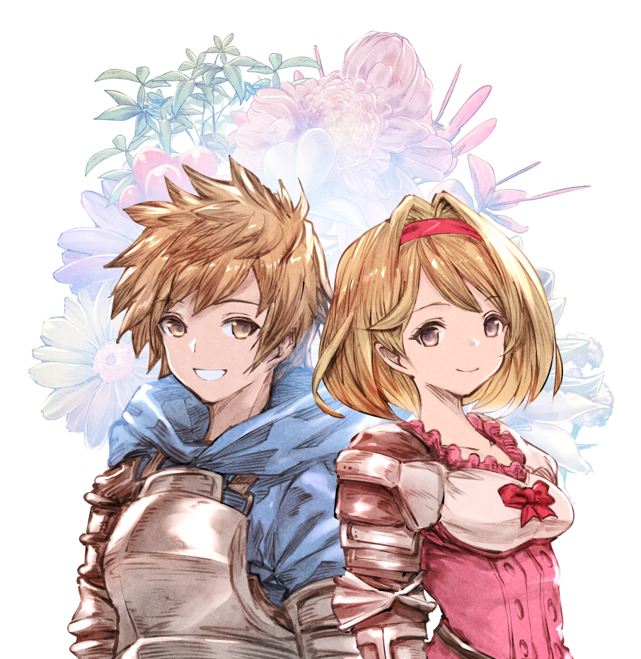 1boy 1girl armor blonde_hair blue_hoodie bow brown_eyes brown_hair closed_mouth collarbone commentary_request djeeta_(granblue_fantasy) dress fighter_(granblue_fantasy) floral_background frills gran_(granblue_fantasy) granblue_fantasy hair_intakes hairband hood hoodie looking_at_viewer messy_hair open_mouth pink_dress pink_hairband red_bow short_hair smile upper_body usapenpen2019 vambraces