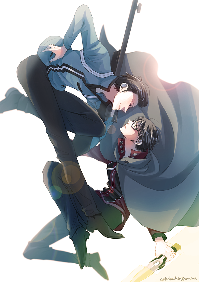 2boys black_hair black_pants blurry bokeh carrying_over_shoulder closed_mouth commentary_request cosplay depth_of_field eye_contact from_side glasses grey_cloak gun hand_on_own_hip holding holding_weapon jacket knee_up looking_at_another male_focus mikumo_osamu mikumo_squad's_uniform multiple_boys pants profile red_jacket rico_gyouza rifle shoes simple_background smile sniper_rifle touma_isami twitter_username weapon white_background world_trigger