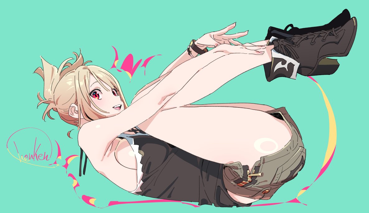 1girl aqua_background armpits artist_name bare_shoulders black_footwear black_tank_top blonde_hair boots breasts brown_shorts commentary_request fang from_side henken high_heel_boots high_heels large_breasts legs_up looking_at_viewer lying on_back open_mouth original parted_bangs ponytail red_eyes shiny_skin short_shorts shorts sideboob sienna_(henken) signature simple_background sleeveless solo tank_top thighs vampire wristband
