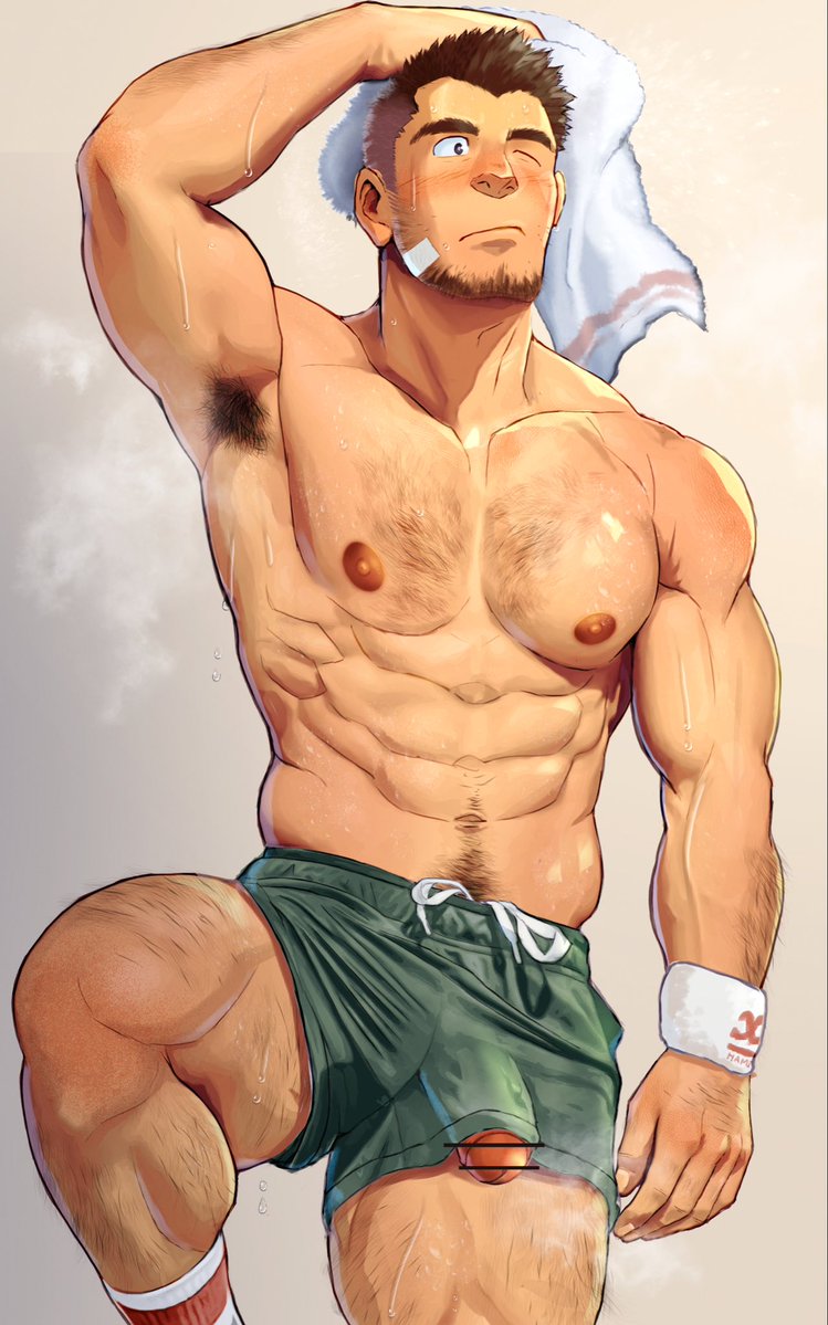 1boy abs arm_hair arm_up armpit_hair armpits bandaid bandaid_on_cheek bandaid_on_face bar_censor bara beard_stubble black_hair blush bulge censored chest_hair closed_mouth cowboy_shot erection erection_under_clothes gradient_background green_shorts hairy half-erect hand_on_own_head large_pectorals leg_hair leg_up looking_to_the_side male_focus mature_male muscular muscular_male navel_hair nipples one_eye_closed original pectorals penis penis_peek penis_slip short_hair shorts sideburns simple_background socks solo steaming_body suamaru sweat thick_eyebrows towel towel_on_head white_wristband