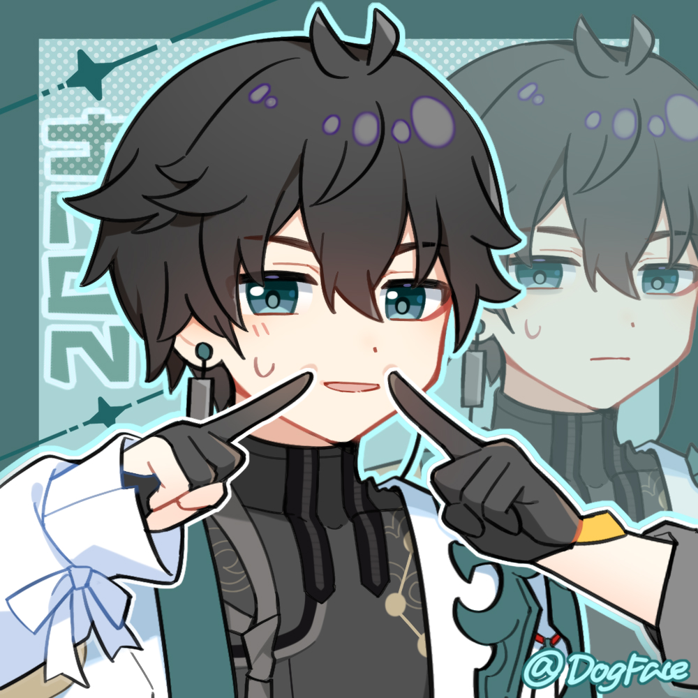 1boy 2024 antenna_hair artist_name black_gloves black_hair blue_background blue_border blue_eyes border bow coat constellation_print dan_heng_(honkai:_star_rail) earrings eyeshadow gloves gou_lianlian_dogface grey_shirt hair_between_eyes hands_up honkai:_star_rail honkai_(series) index_finger_raised jewelry long_sleeves looking_at_viewer makeup male_focus open_clothes open_coat open_mouth outside_border puffy_long_sleeves puffy_sleeves red_eyeshadow shirt short_hair simple_background single_earring smile solo standing star_(symbol) sweatdrop v-shaped_eyebrows white_bow white_coat