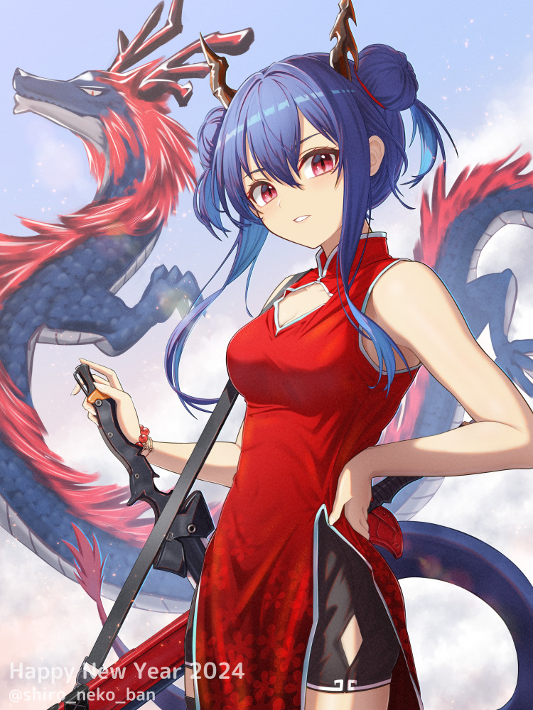 1girl 2024 arknights bare_arms bare_shoulders black_shorts blue_hair blue_sky breasts ch'en_(ageless_afterglow)_(arknights) ch'en_(arknights) chinese_zodiac cowboy_shot day double_bun dragon dragon_girl dragon_horns dragon_tail dress hair_bun hand_on_own_hip hand_on_sheath happy_new_year horns long_hair looking_at_viewer medium_breasts official_alternate_costume outdoors parted_lips purple_eyes red_dress sheath sheathed shironekoban shorts sidelocks sky sleeveless sleeveless_dress solo tail year_of_the_dragon