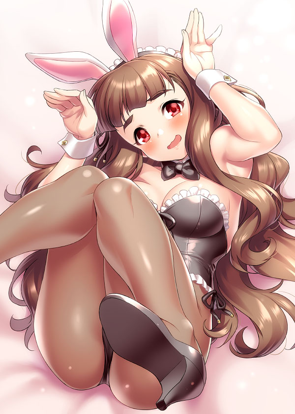 1girl animal_ears ass bangs bare_shoulders black_leotard blunt_bangs blush breasts brown_hair bunny_ears bunny_pose cleavage eyebrows frills hands_up high_heels idolmaster idolmaster_cinderella_girls kamiya_nao legs legs_up leotard long_hair looking_at_viewer maid_headdress medium_breasts open_mouth red_eyes smile solo thick_eyebrows wavy_mouth zen