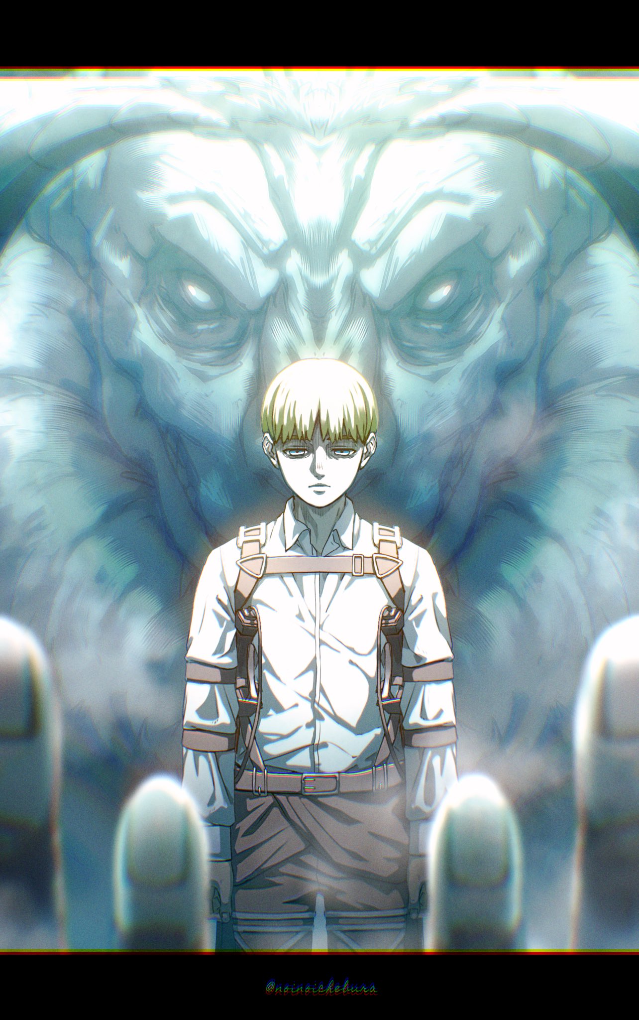 1boy armin_arlert belt blonde_hair blurry blurry_foreground brown_belt brown_pants collared_shirt cowboy_shot half-closed_eyes harness highres in_palm letterboxed long_sleeves male_focus noinoichebura pants shingeki_no_kyojin shirt short_hair three-dimensional_maneuver_gear titan_(shingeki_no_kyojin) twitter_username white_shirt