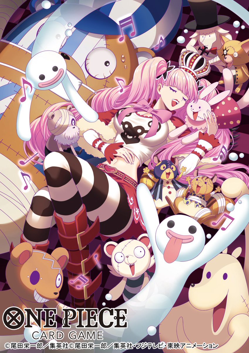 1girl 6+others ass bandaid bandaid_on_face belt black_eyes black_headwear black_thighhighs blush boots bow bowtie breasts cleavage closed_eyes copyright_name crop_top crown devil_fruit english_text fingernails floating_hair fur-trimmed_poncho ghost hat heart_belt highres knee_boots koushi_rokushiro kumacy large_breasts lips long_hair looking_at_another lying midriff miniskirt multiple_others musical_note navel official_art on_back one_piece open_mouth perona pink_bow pink_bowtie pink_footwear pink_hair poncho red_footwear red_poncho shaded_face shiny_skin shirt skirt sleeping smile striped striped_thighhighs studded_belt stuffed_animal stuffed_toy teddy_bear teeth thighhighs thighs top_hat twintails two-tone_thighhighs upper_teeth_only very_long_hair watermark white_shirt white_thighhighs