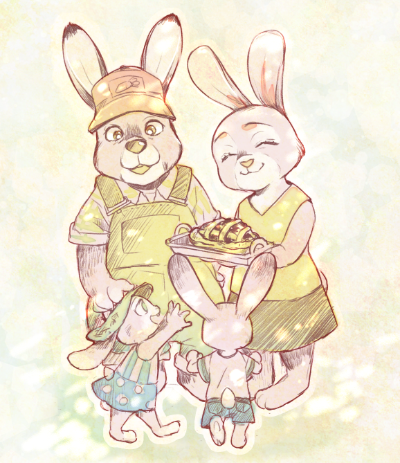 2018 anthro barefoot bonnie_hopps bottomwear clothed clothing cub dipstick_ears disney eyes_closed food fully_clothed group holding_food holding_object judy_hopps lagomorph leporid mammal multicolored_ears parent parent_and_child pie rabbit shirt shorts smile standing stu_hopps t-shirt topwear young zootopia めーこ