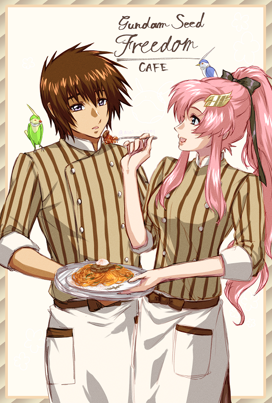 1boy 1girl aiai_x0301 apron blue_eyes brown_hair copyright_name couple gundam gundam_seed gundam_seed_freedom hair_ornament holding holding_tray kira_yamato lacus_clyne long_hair matching_outfits non-humanoid_robot pink_hair ponytail purple_eyes robot robot_animal smile torii_(gundam) tray waiter waitress