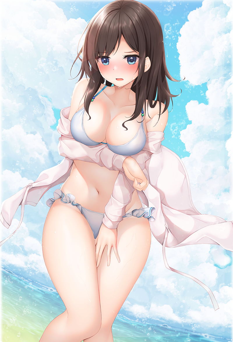 1girl arm_under_breasts beach bikini blue_bikini blue_sky blush breast_hold breasts brown_hair cloud collarbone commentary_request day horizon long_hair looking_at_viewer minato_ojitan navel ocean off_shoulder open_clothes open_mouth open_shirt original outdoors red_eyes shirt sky solo standing swimsuit variant_set white_shirt wind