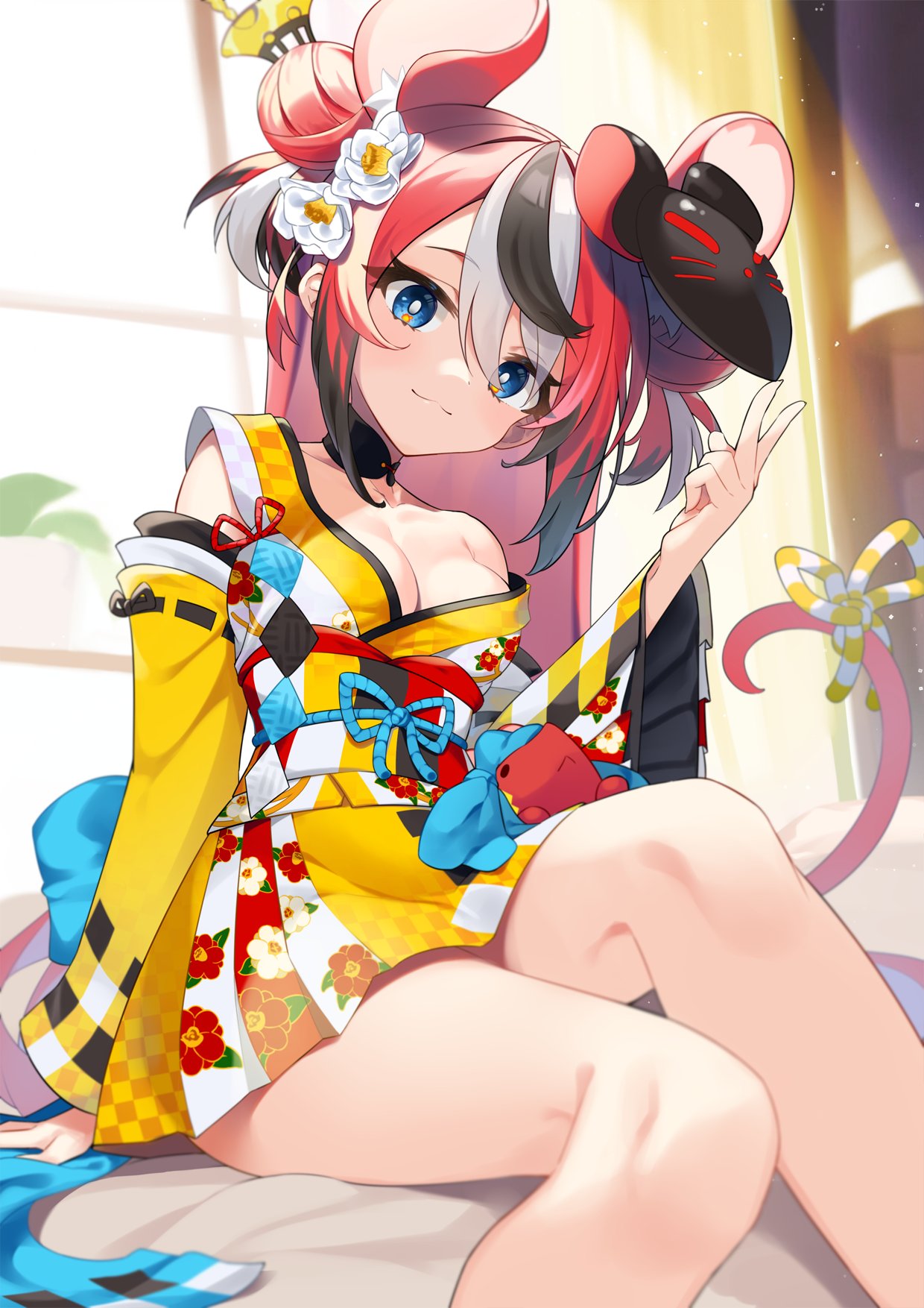 1girl :3 animal_ears bare_shoulders black_hair blue_eyes breasts cleavage closed_mouth collarbone commentary detached_sleeves double_bun flower hair_between_eyes hair_bun hair_flower hair_ornament hakos_baelz hakos_baelz_(new_year) highres hololive hololive_english indoors japanese_clothes kimono kutata legs long_hair looking_at_viewer mask mask_on_head medium_breasts mouse_ears mouse_girl mouse_mask mouse_tail multicolored_hair obi off_shoulder red_hair sash sitting solo tail thighs virtual_youtuber white_flower white_hair window yellow_kimono yellow_sleeves