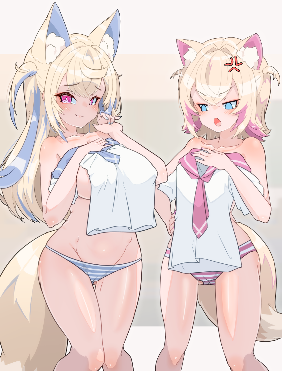 2girls anger_vein animal_ear_fluff animal_ears blonde_hair blue_eyes blue_hair blue_nails blue_necktie blue_panties blue_sailor_collar blush breast_envy breasts closed_mouth collarbone commentary covering_privates dog_ears dog_girl dog_tail empty_eyes english_commentary feet_out_of_frame fuwawa_abyssgard groin hair_between_eyes hand_on_own_hip highres hololive hololive_english large_breasts long_hair looking_at_breasts looking_at_viewer medium_hair mococo_abyssgard moral_cacoethes multicolored_hair multiple_girls nail_polish necktie nude nude_cover open_mouth paid_reward_available panties pink_eyes pink_hair pink_nails pink_necktie pink_panties pink_sailor_collar sailor_collar sailor_shirt shirt short_necktie siblings sisters small_breasts smile standing streaked_hair striped_clothes striped_panties tail twins two_side_up underwear underwear_only unworn_shit virtual_youtuber white_shirt