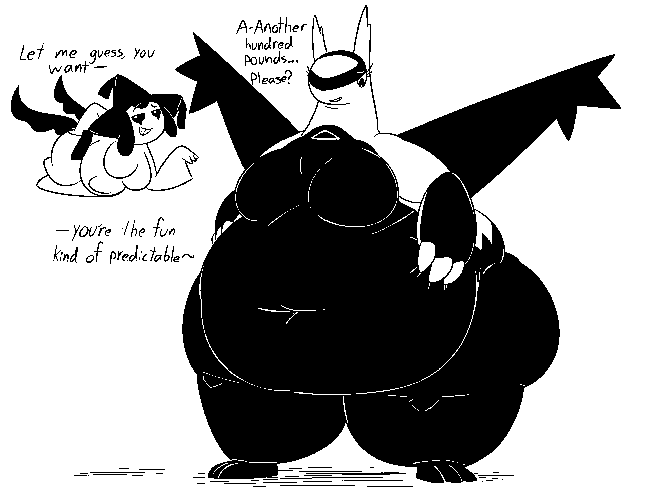 2021 3_claws 3_fingers 3_toes aliasing anthro anthrofied asking asking_for_more belly belly_overhang big_belly big_breasts big_butt biped black_and_white black_text bottom_heavy breasts butt chest_markings claws compliment dialogue digital_drawing_(artwork) digital_media_(artwork) duo ellipsis english_text eye_markings eye_on_belly eye_roll eyebrows eyelashes featureless_breasts featureless_feet feet female female_anthro fin fingers floating front_view full-length_portrait generation_3_pokemon grin hand_on_hip hand_on_stomach hands_on_belly head_fin head_markings huge_belly huge_breasts huge_thighs hyper hyper_thighs jirachi larger_anthro larger_female latias legendary_pokemon looking_at_belly looking_at_self looking_down looking_down_at_self love_handles markings monochrome morbidly_obese morbidly_obese_anthro morbidly_obese_female navel nintendo nude nude_anthro nude_female obese obese_anthro obese_female open_mouth open_smile orange_eyes overweight overweight_anthro overweight_female pokemon pokemon_(species) pokemorph portrait pupils raised_eyebrows short_stack simple_background size_difference slightly_chubby slightly_chubby_anthro slightly_chubby_female smaller_anthro smaller_female smile standing talking_to_another teeth text thatoneaceguy thick_thighs tilde_after_text toes unusual_anatomy unusual_wings white_background wide_hips wings wishes