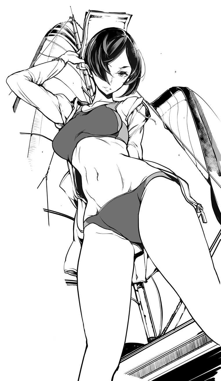 1girl boat cowboy_shot endou_okito greyscale hair_over_one_eye highres jacket looking_down monochrome navel open_clothes open_jacket open_mouth otohime_diver short_hair solo sports_bikini tank_top thighs watercraft zipper_pull_tab