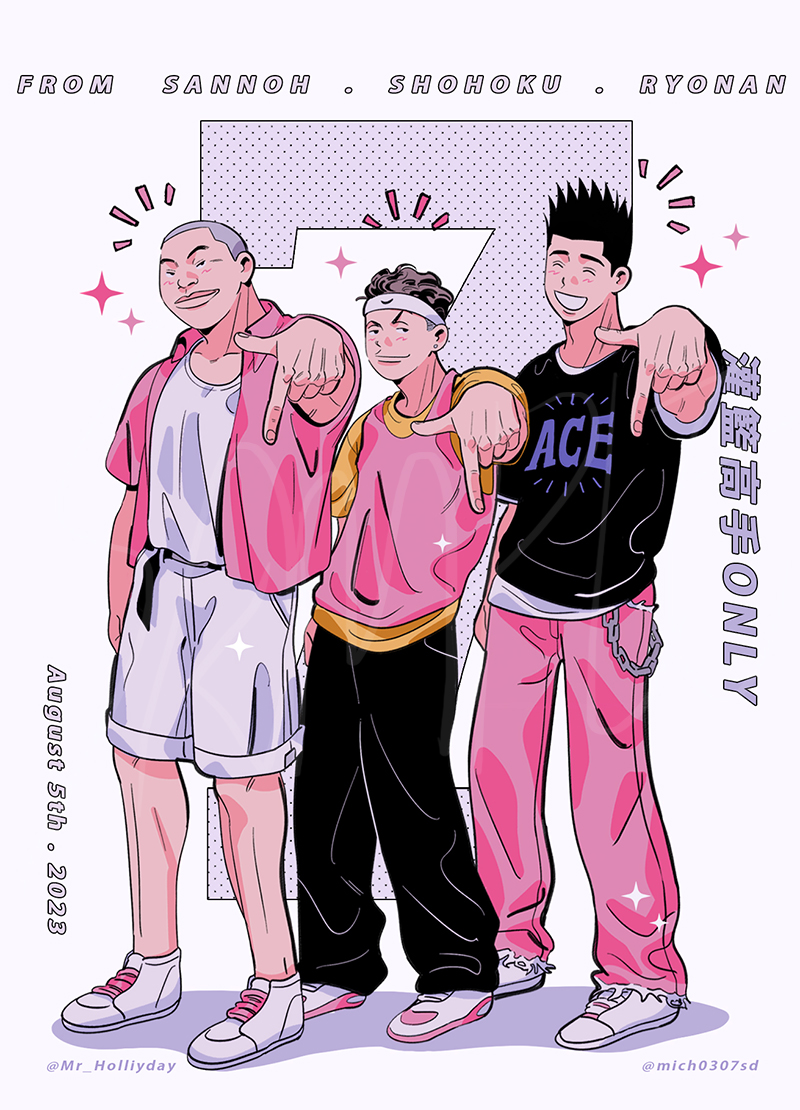 3boys black_hair brown_hair buzz_cut closed_eyes english_text full_body headband kawata_masashi looking_at_viewer male_focus mich0307sd miyagi_ryouta multiple_boys pointing pointing_down sendou_akira short_hair side-by-side simple_background slam_dunk_(series) smile sparkle spiked_hair translation_request undercut very_short_hair white_background