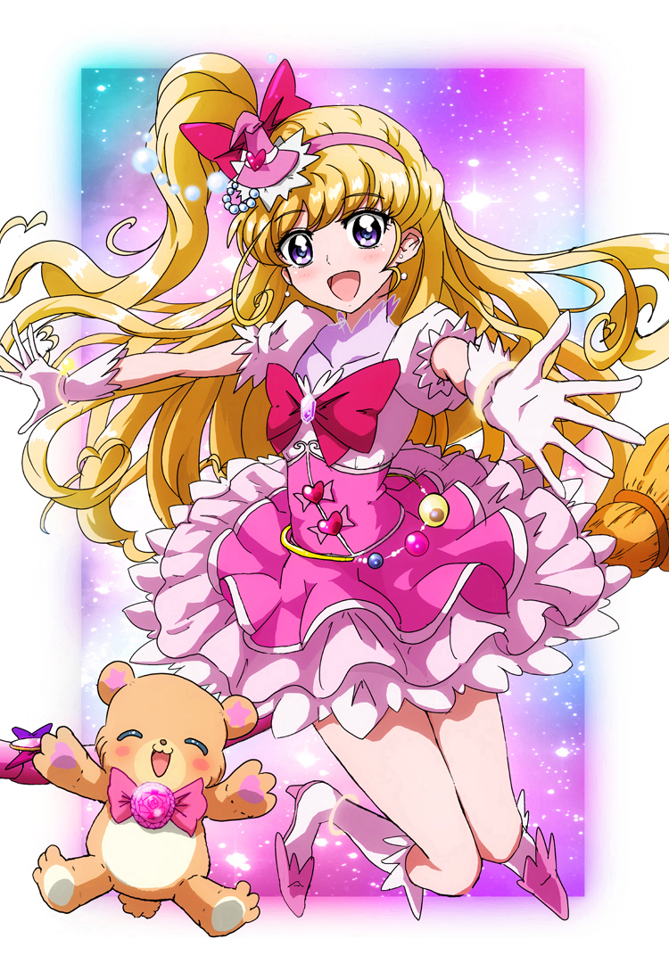1girl asahina_mirai blonde_hair boots bow cure_miracle dress dress_bow earrings floating frilled_dress frills futa-futa gloves hairband hat high_heel_boots high_heels jewelry light_particles long_hair looking_at_viewer magical_girl mahou_girls_precure! mini_hat mini_witch_hat mofurun_(mahou_girls_precure!) one_side_up pink_dress pink_hairband pink_headwear precure puffy_short_sleeves puffy_sleeves purple_eyes reaching reaching_towards_viewer short_dress short_sleeves solo stuffed_animal stuffed_toy teddy_bear two-tone_dress white_dress white_footwear white_gloves witch_hat
