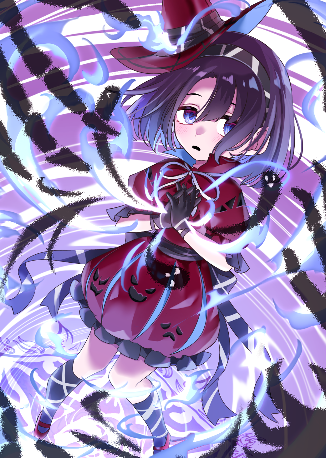 1girl blue_eyes blush capelet dress frilled_capelet frilled_dress frills frown full_body ghost gloves hairband hat hat_ribbon high_collar highres looking_to_the_side magic_circle nashinome_(y5wlht) original own_hands_together purple_hair ribbon short_hair skeletal_hand socks solo witch witch_hat