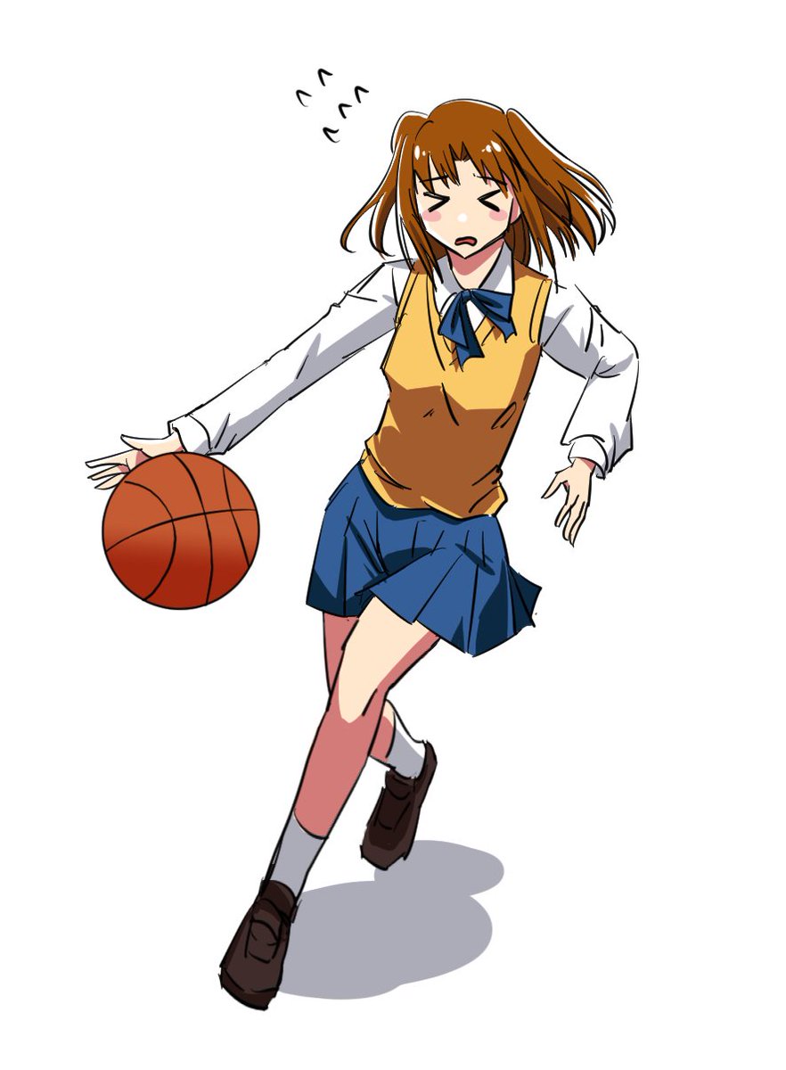 &gt;_&lt; ball basketball basketball_(object) blue_ribbon blue_skirt blush brown_hair cardigan highres kimleepark1129 ribbon skirt tsukihime twintails yellow_cardigan yumizuka_satsuki