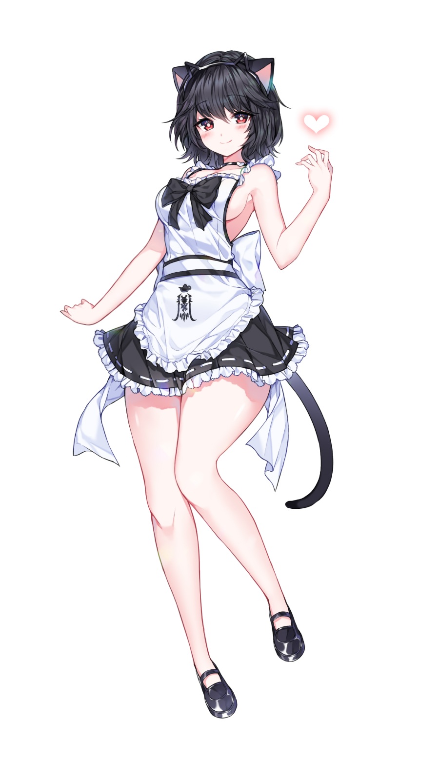 1girl alternate_costume animal_ear_hairband animal_ears apron artist_request back_bow black_bow black_footwear black_hair black_skirt black_tail blade_&amp;_soul blush bow breasts cat_ear_hairband cat_ears cat_tail commentary_request enmaided fake_animal_ears frilled_apron frilled_skirt frills full_body hairband hand_up heart highres korean_commentary looking_at_viewer maid maid_apron medium_breasts nearly_naked_apron prunechi red_eyes shoes short_hair sideboob skirt smile solo standing standing_on_one_leg tail thighs white_apron white_background white_bow