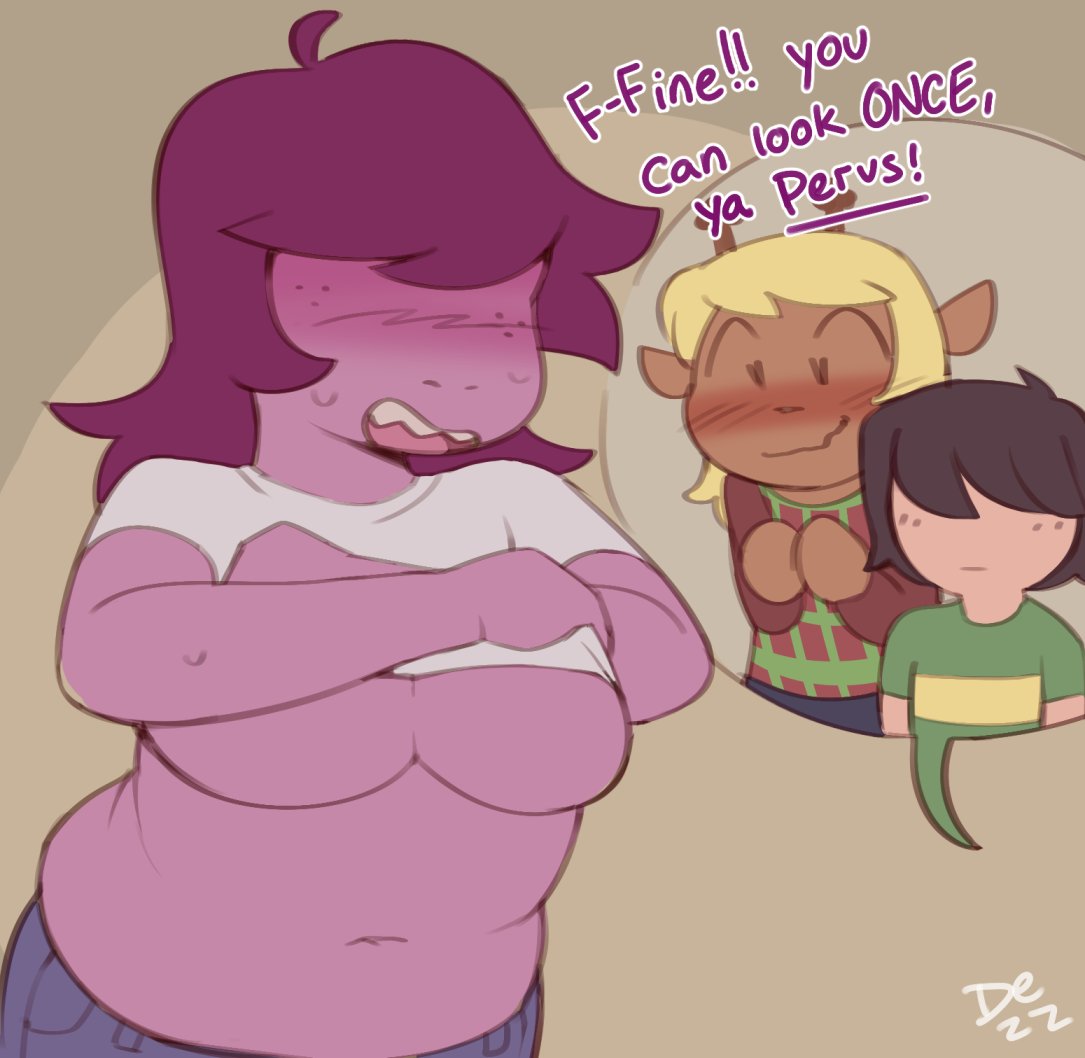 2019 anthro antlers big_breasts blonde_hair blush breasts chubby_female clothing deltarune dezz female freckles green_clothing hair horn human kris_(deltarune) mammal noelle_holiday purple_body shirt susie_(deltarune) topwear video_games yellow_body