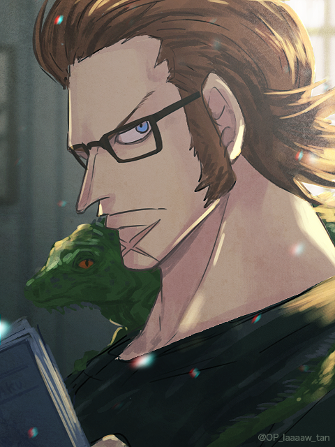 1boy animal animal_on_shoulder black_shirt blue_eyes close-up commentary glasses holding holding_newspaper indoors long_sideburns looking_at_viewer male_focus namagomi_(op_laaaaw_tan) newspaper one_piece orange_hair profile scar scar_on_chin scar_on_face shirt sideburns solo t-shirt window x_drake