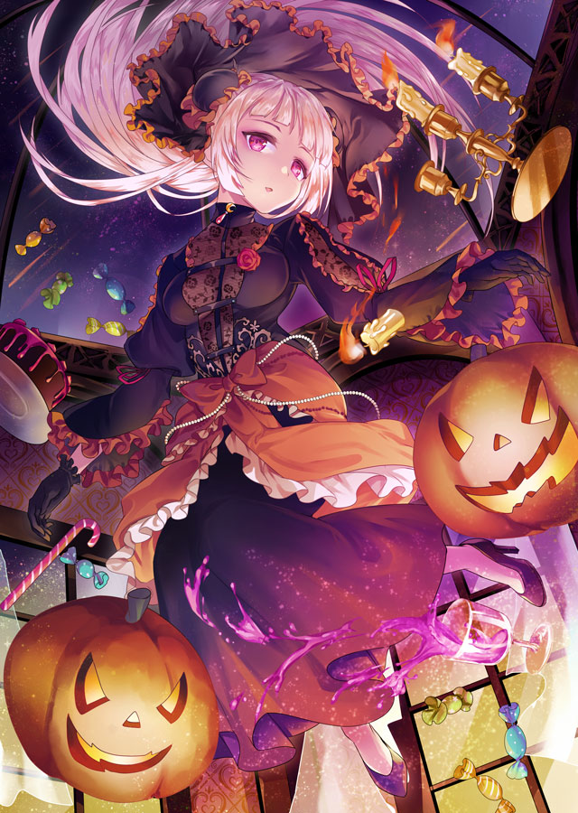 1girl blush breasts cake candle candlestand candy candy_cane cup dress fire floating floating_hair food frilled_sleeves frills gloves halloween high_heels impossible_clothes impossible_dress jack-o'-lantern liquid long_hair long_sleeves night night_sky original overskirt parted_lips pink_eyes plate pumpkin sky solo spill star_(sky) starry_sky unigon_(kitsutsuki) veil very_long_hair white_hair wrapped_candy