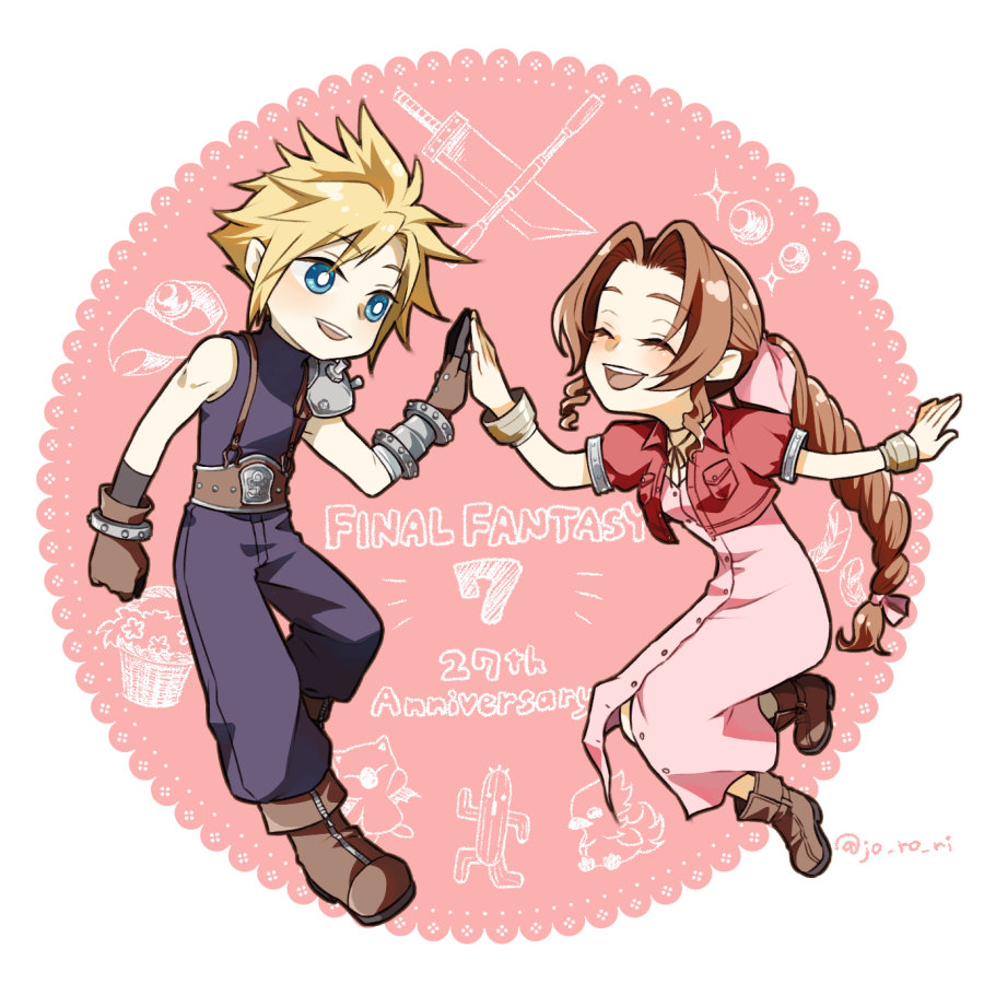1boy 1girl aerith_gainsborough anniversary armor bangle belt blonde_hair blue_eyes blue_pants blue_shirt boots border bracelet braid braided_ponytail brown_belt brown_footwear brown_gloves brown_hair center_opening chocobo choker closed_eyes cloud_strife cropped_jacket dress final_fantasy final_fantasy_vii floating full_body gloves hair_ribbon high_five jacket jewelry jo_ro_ri light_blush long_dress long_hair looking_at_another moogle open_mouth pants parted_bangs pink_background pink_dress pink_ribbon puffy_short_sleeves puffy_sleeves red_jacket ribbon ribbon_choker sabotender shirt short_hair short_sleeves shoulder_armor sidelocks single_bare_shoulder single_braid single_shoulder_pad sleeveless sleeveless_turtleneck smile spiked_hair suspenders turtleneck twitter_username white_border