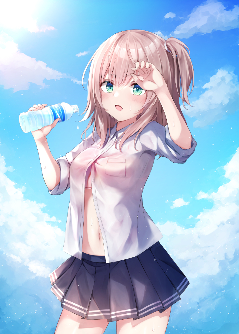 1girl blouse blue_skirt blue_sky boku_to_kanojo_no_onani_life bottle bra bra_peek cloud cloudy_sky commentary_request cowboy_shot day hair_tie holding holding_bottle long_sleeves looking_at_viewer medium_hair miniskirt naomi_(boku_to_kanojo_no_onani_life) one_side_up open_mouth outdoors partially_unbuttoned pleated_skirt school_uniform second-party_source shirt shishou_(doragyurosu) skirt sky sleeves_rolled_up smile solo standing sweat underwear water_bottle white_shirt yumehiko