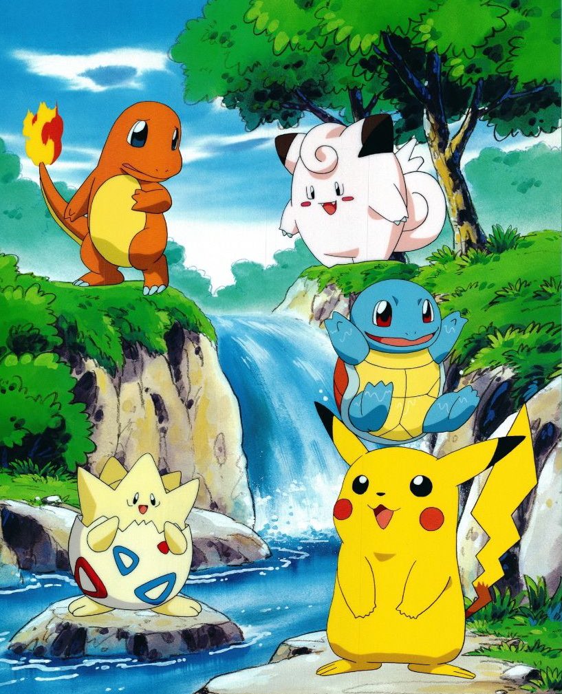 animal_focus black_eyes blue_sky blush_stickers bright_pupils charmander cleffa cloud cloudy_sky day fangs flame-tipped_tail foliage grass hand_up hands_up happy jumping looking_down no_humans official_art open_mouth outdoors pikachu pokemon pokemon_(anime) pokemon_(classic_anime) pokemon_(creature) red_eyes river rock sky smile squirtle standing third-party_source togepi tree water waterfall wet worried