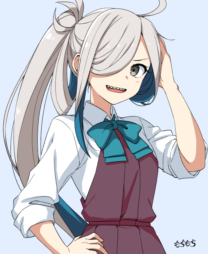 1girl asashimo_(kancolle) blue_background blue_hair bow bowtie dress grey_eyes grey_hair hair_over_one_eye hand_on_own_hip kantai_collection long_hair looking_at_viewer moti_coi multicolored_hair one-hour_drawing_challenge open_mouth ponytail purple_dress sharp_teeth shirt signature simple_background solo teeth white_shirt