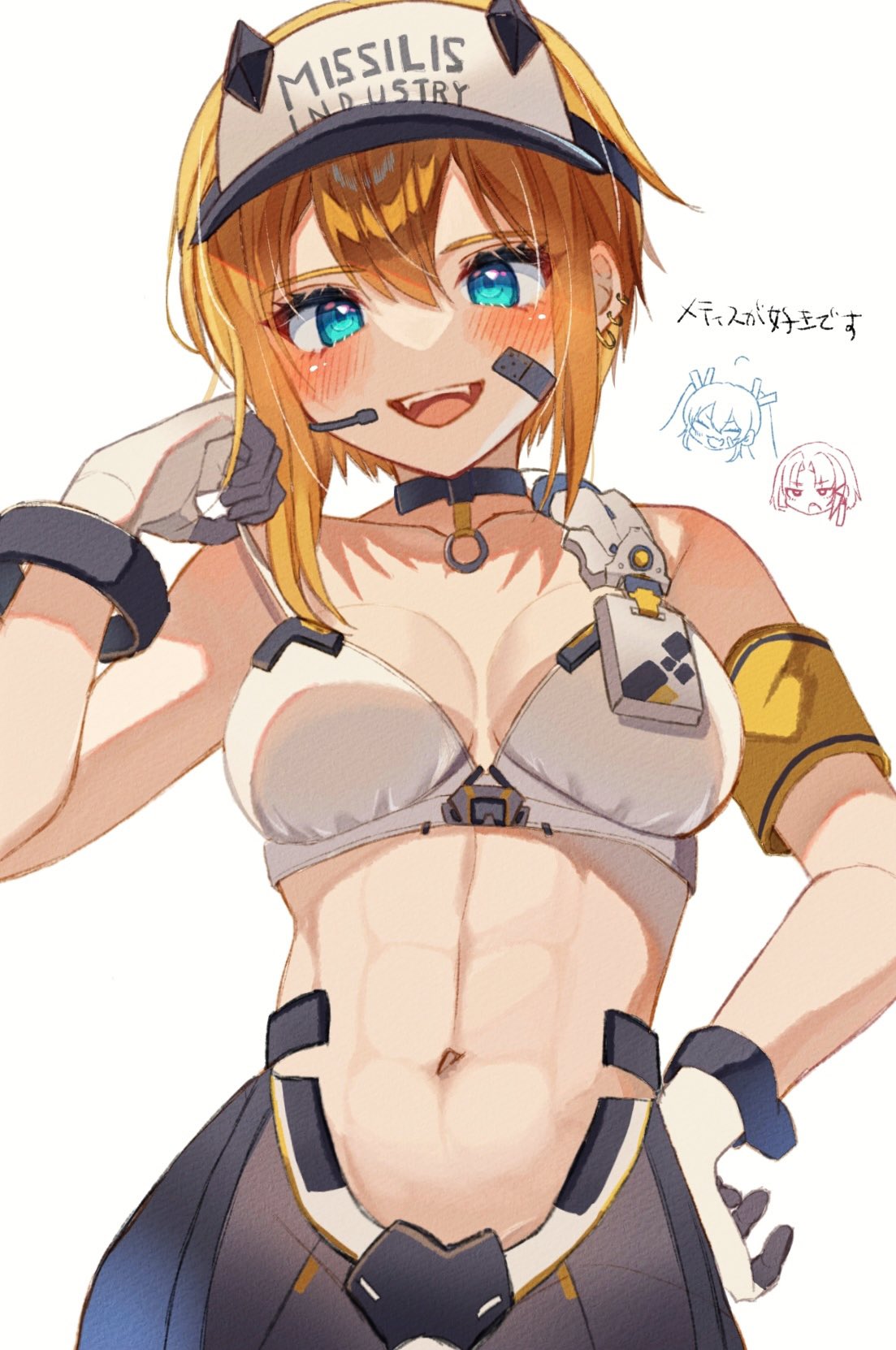 3girls :d abs armband bandaid bandaid_on_cheek bandaid_on_face bare_shoulders black_choker black_pants blonde_hair blue_eyes blush breasts choker cleavage collarbone commentary_request cowboy_shot drake_(nikke) ear_piercing earpiece gloves goddess_of_victory:_nikke hair_between_eyes hand_on_own_hip hand_up highres laplace_(nikke) looking_at_viewer matis_(nikke) maxwell_(nikke) medium_breasts multiple_girls multiple_piercings navel open_mouth pants piercing shimada_(smd_dms) short_hair short_hair_with_long_locks sidelocks simple_background smile solo_focus sports_bra standing stomach teeth translation_request two-tone_gloves upper_teeth_only visor_cap white_background white_gloves white_sports_bra yellow_armband