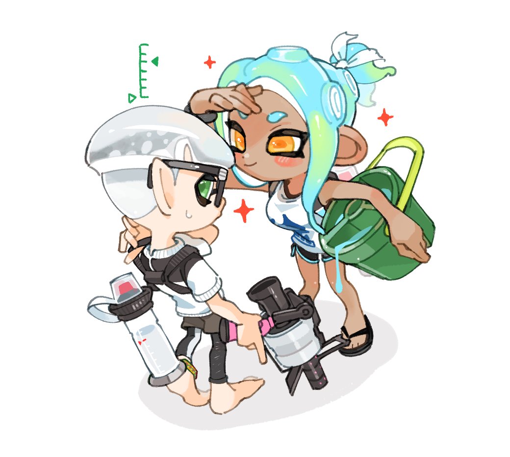 .52_gal_(splatoon) barefoot black-framed_eyewear blue_hair breasts closed_mouth dark-skinned_female dark_skin eyelashes glasses green_eyes green_hair gun height_difference height_mark holding holding_gun holding_weapon ink_tank_(splatoon) inkling inkling_boy long_hair looking_back multicolored_hair octoling octoling_girl orange_eyes paint pointy_ears sandals short_hair simple_background smile spl8ya splatoon_(series) splatoon_2 splatoon_3 standing sweat tentacle_hair thick_eyebrows tri-slosher_(splatoon) two-tone_hair weapon white_background white_hair