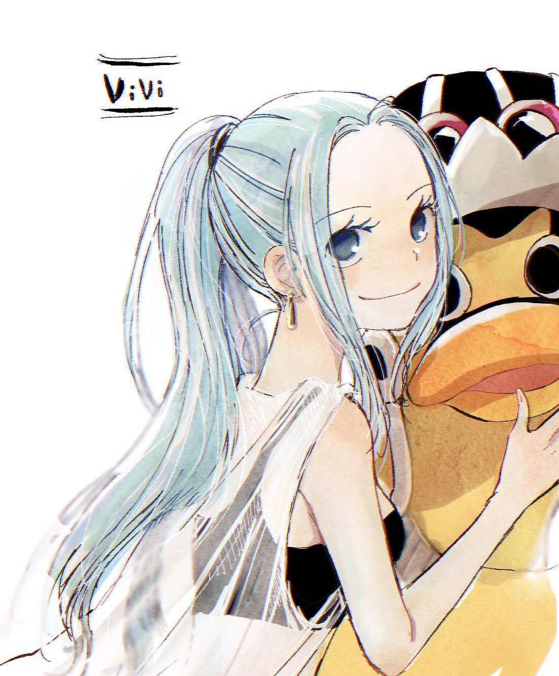 1girl bird black_eyes blue_eyes blue_hair bra carue character_name commentary duck earrings goggles goggles_on_headwear hat highres jewelry looking_at_another looking_at_viewer nefertari_vivi nekochanko1 one_piece ponytail profile see-through sidelocks simple_background smile underwear upper_body white_background