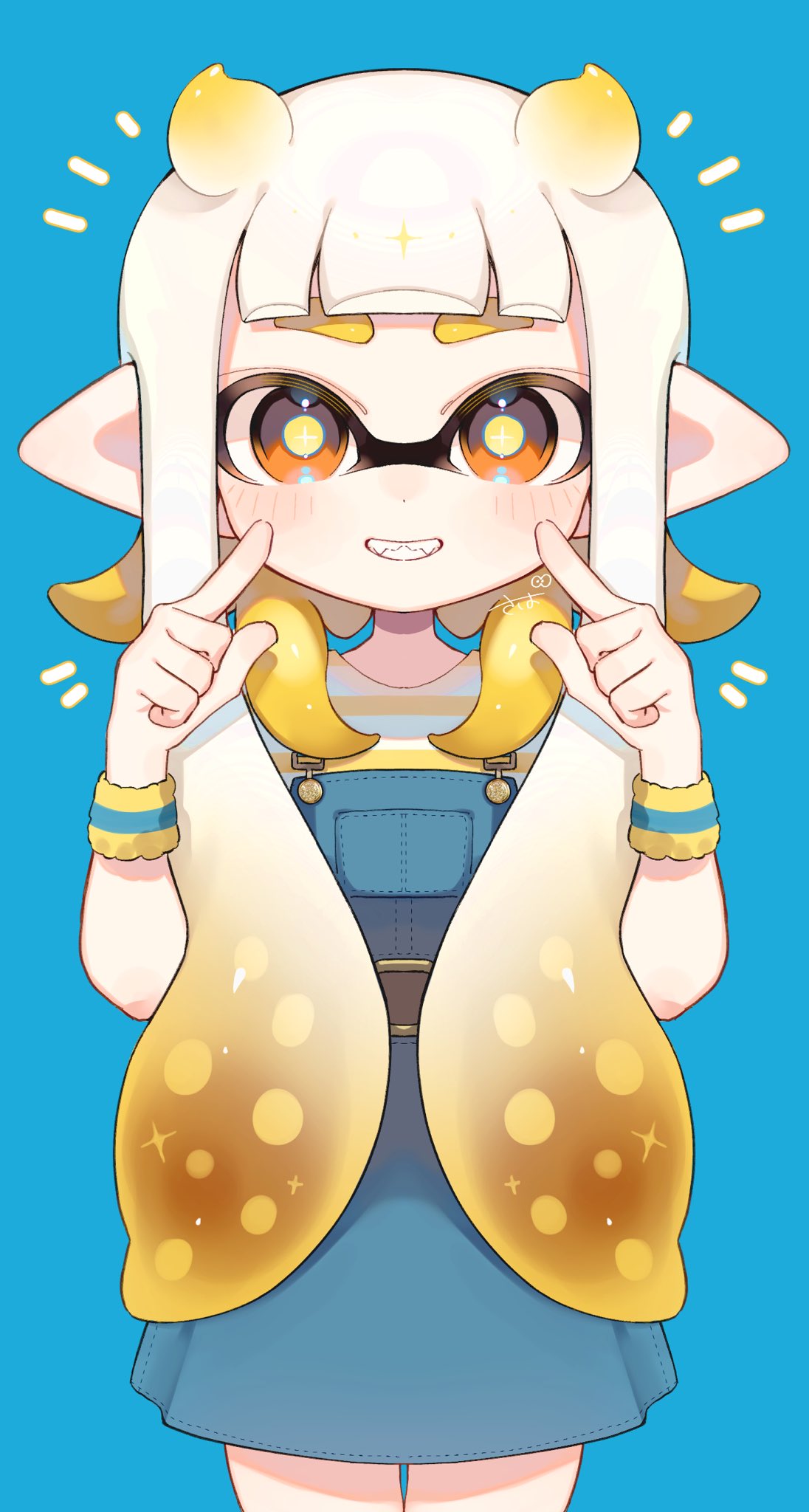 1girl blonde_hair bright_pupils commentary_request cowboy_shot gradient_hair hair_horns highres inkling inkling_girl long_hair looking_at_viewer multicolored_hair notice_lines pointy_ears sahata_saba simple_background smile solo splatoon_(series) standing star-shaped_pupils star_(symbol) symbol-shaped_pupils teeth tentacle_hair thick_eyebrows two-tone_hair white_background white_hair white_pupils yellow_eyes